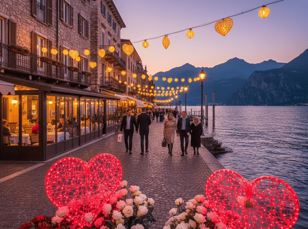 Romantic illuminated promenade at Lake Garda during Lago di Garda in Love Valentine's festival with couples strolling