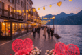 Romantic illuminated promenade at Lake Garda during Lago di Garda in Love Valentine's festival with couples strolling
