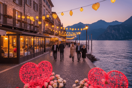 Romantic illuminated promenade at Lake Garda during Lago di Garda in Love Valentine's festival with couples strolling