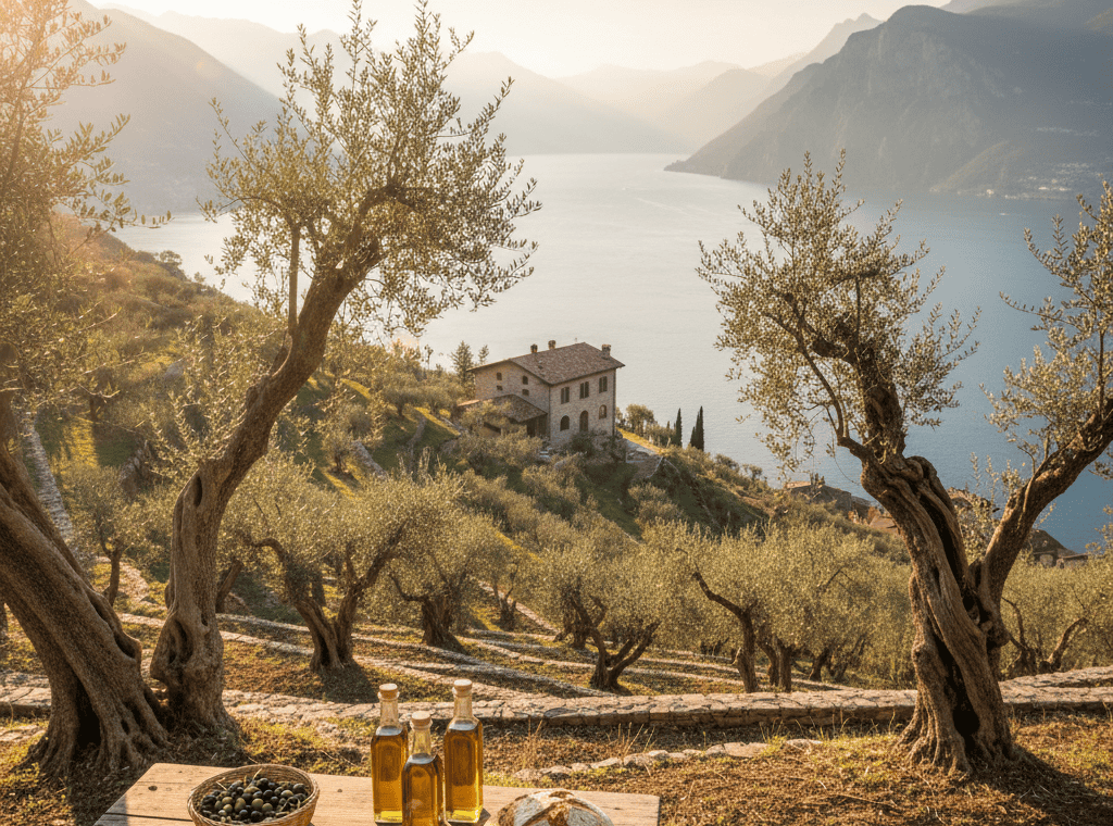 Olivenhain am Gardasee mit ausgestellten Flaschen nativem Olivenöl extra und frischen Oliven
