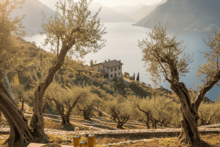 Une oliveraie du lac de Garde où sont exposées des bouteilles d'huile d'olive extra vierge et des olives fraîches