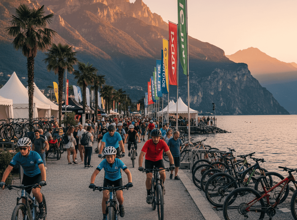 Mountain bikers at FSA Bike Festival along Riva del Garda lakefront with mountain backdrop